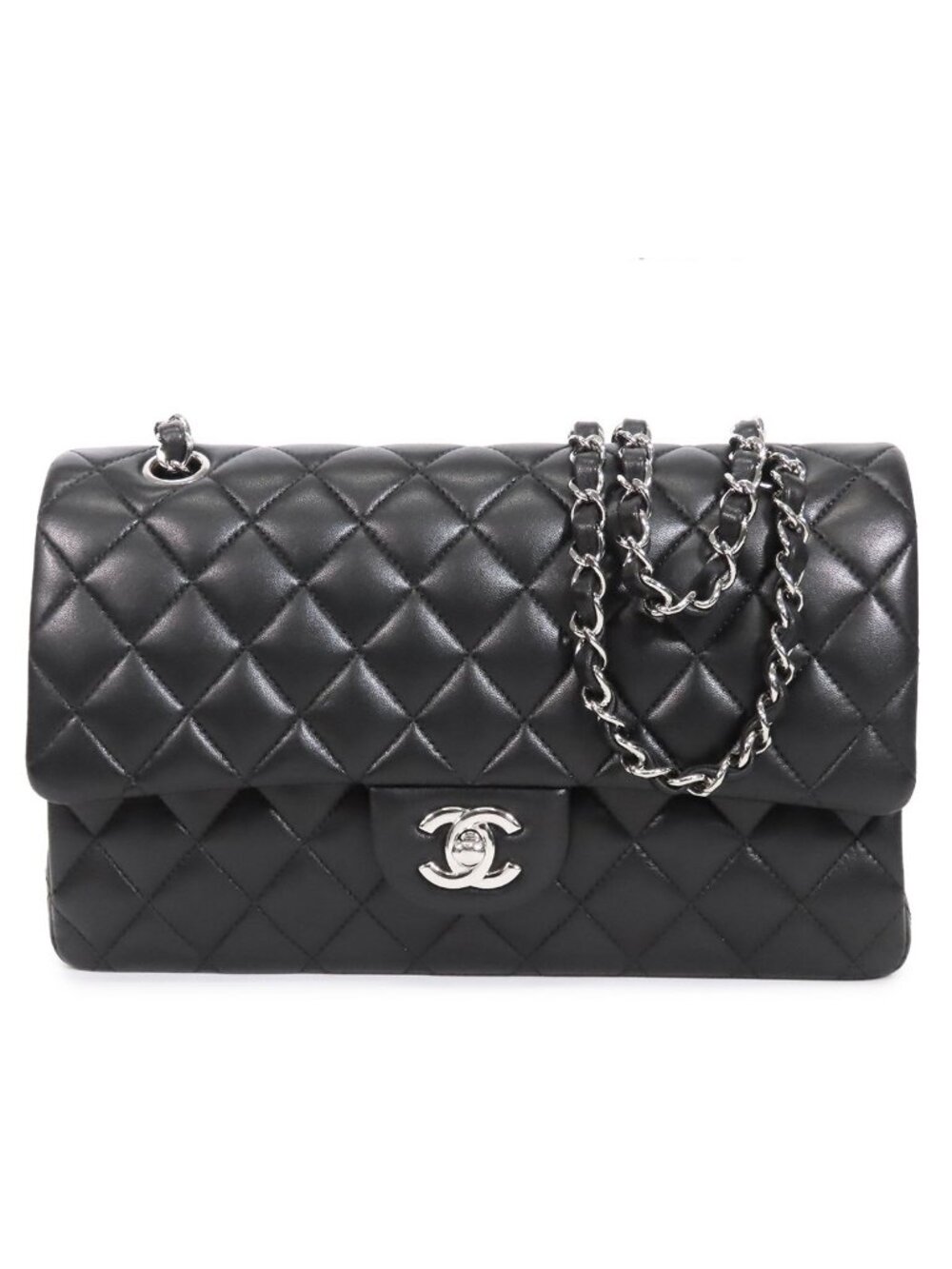 Chanel Chain Black Silver Lambskin Quilted 25 Double Flap Shoulder Bag